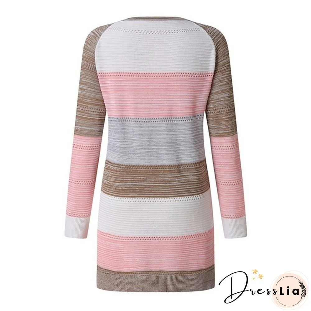 New Fashion Women Cardigan Comfy Stylish Stitching Long Sleeve Striped Patchwork Sweater Female Casual Long Cardigan Autumn Winter Tops