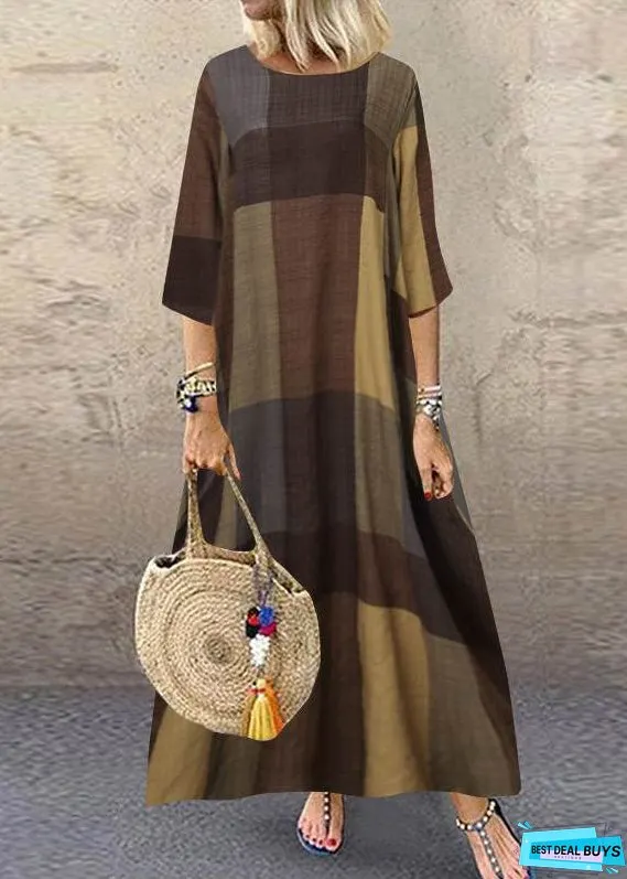 Women Black O-Neck Plaid Maxi Dresses Half Sleeve