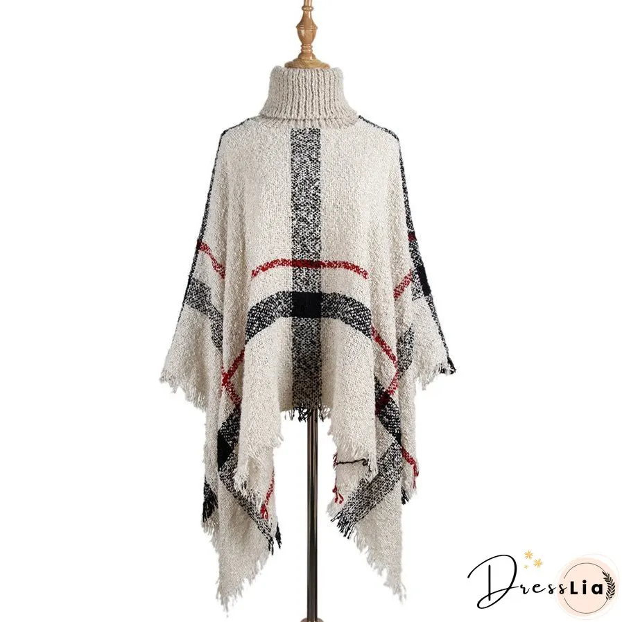 Sweater women's mid-length high collar fringe cape loose large size knit