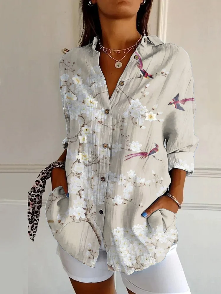 Japanese Orchid Floral Print Casual Long-sleeved Shirt