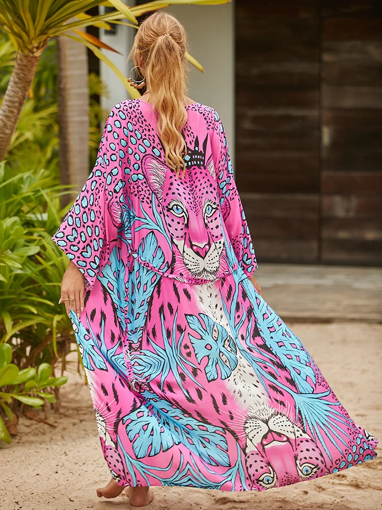 Long Sleeve Animal Pattern Print Tied Up Vacation Maxi Dress Cover Up
