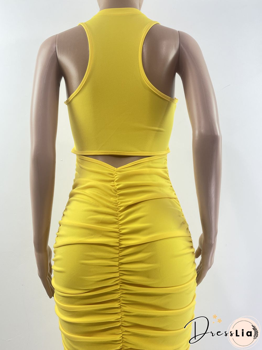 Solid Color Sleeveless Holes Draw Pleated Dresses