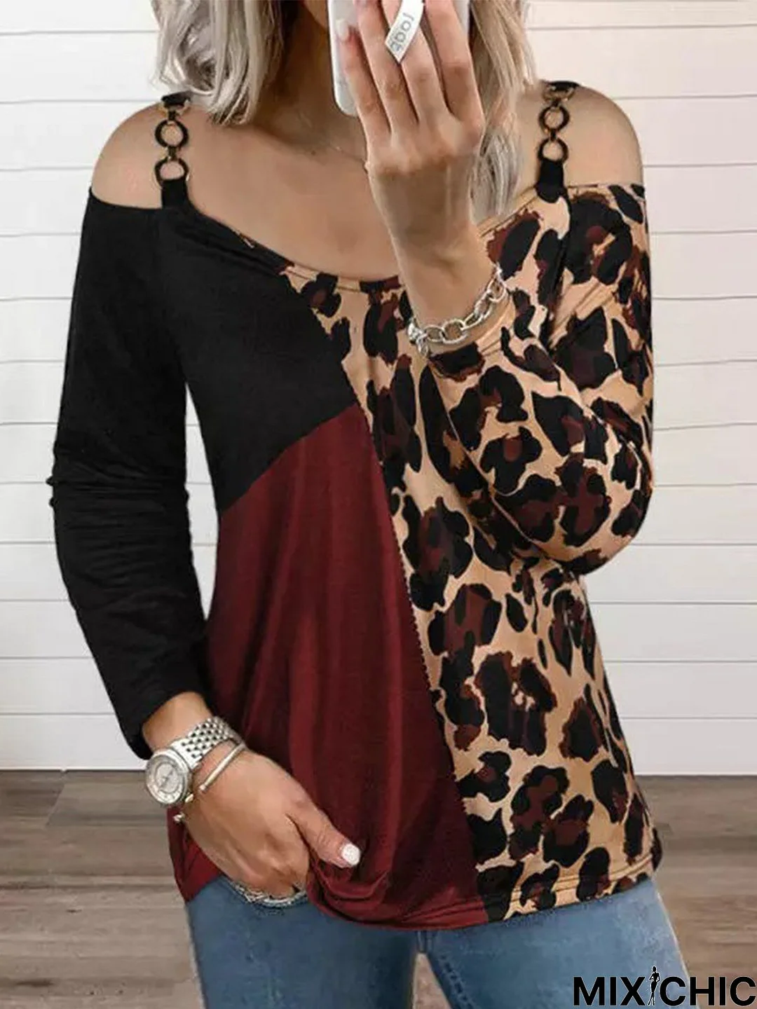 Casual Loosen Off Shoulder Cold Shoulder Long Sleeve Printed Tunic Top