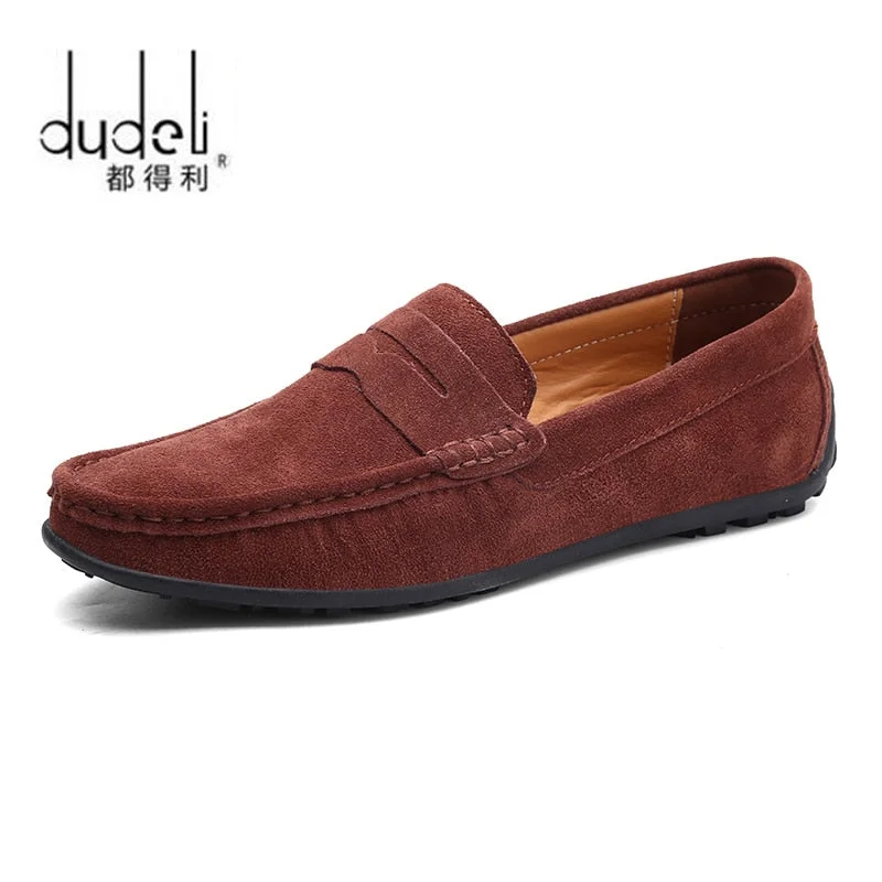 DUDELI Suede Leather Men Casual Shoes Loafers Italian Genuine Leather Driving Moccasins Gommino Slip on Men's Shoes Plus size