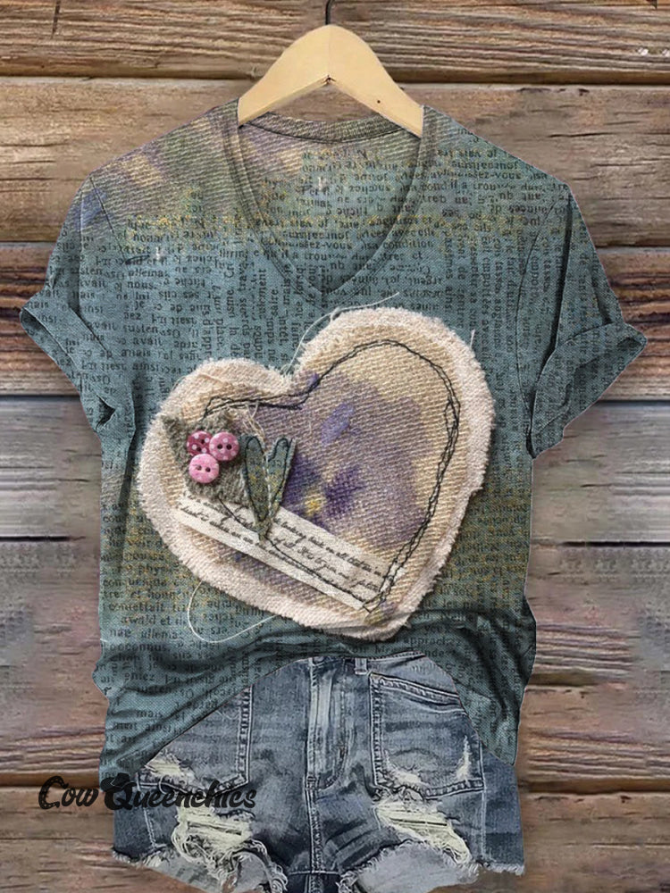 Vintage Heart Art Print V-neck Casual T-Shirt Multicolor / S