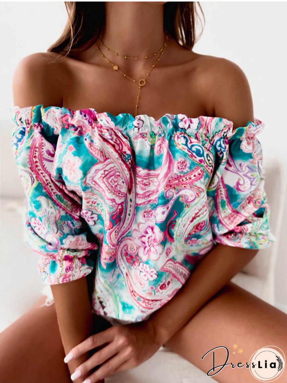 Sexy Slash Neck Blouse Fashion Casual Print Top Spring Ruffles Tops Shirts Elegant Sweet Off Shoulder Shirt New