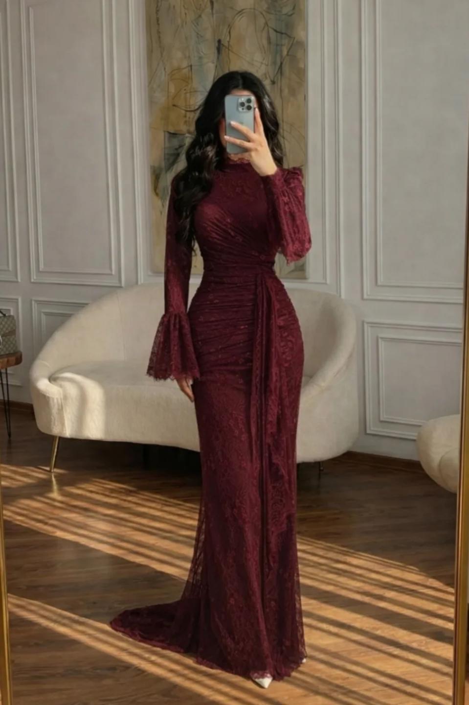 Lussooy Stunning Lace Long Sleeves Mermaid Burgundy Prom Dress with Train  