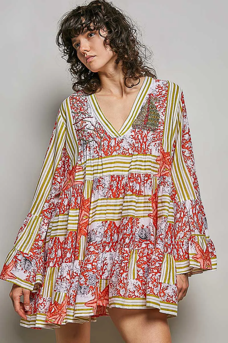 POL Striped Floral Long Sleeve Mini Dress with Pintuck Detail mysite idetrend