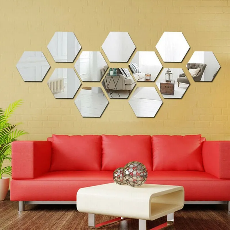 12pcs Hexagon Ball Room Bathroom Decor Acrylic Wall Mirror Irregular Mirror Living Room Decoration Mini Sticker Mirror