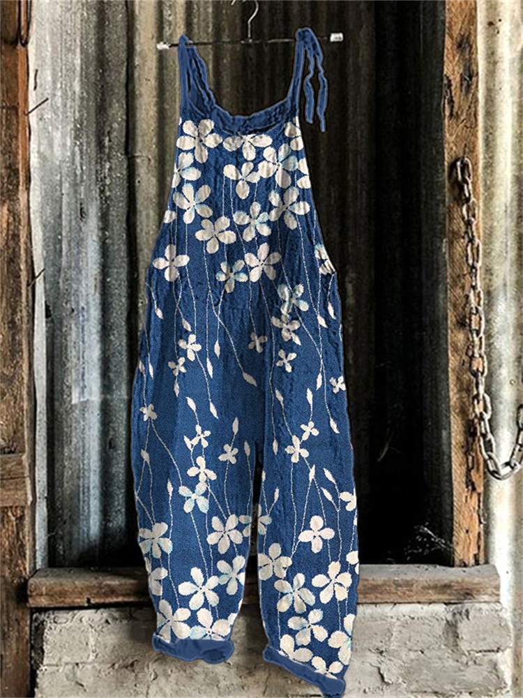 Comstylish Floral Tie Dye Art Print Linen Blend Casual Jumpsuit