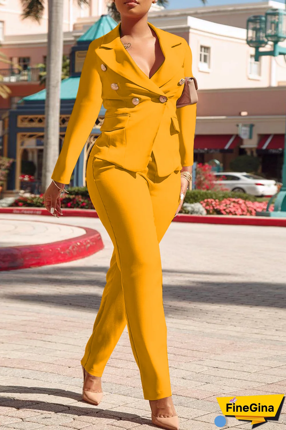 Pink Fashion Solid Buckle Turndown Collar Long Sleeve Two Pieces