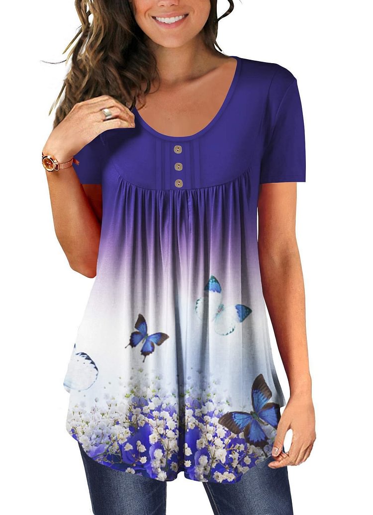 ROSELINLIN Womens Short Sleeve Tunic Tops Henley Neck Loose Fit Blouse Shirts with Shirring Hem S-3XL