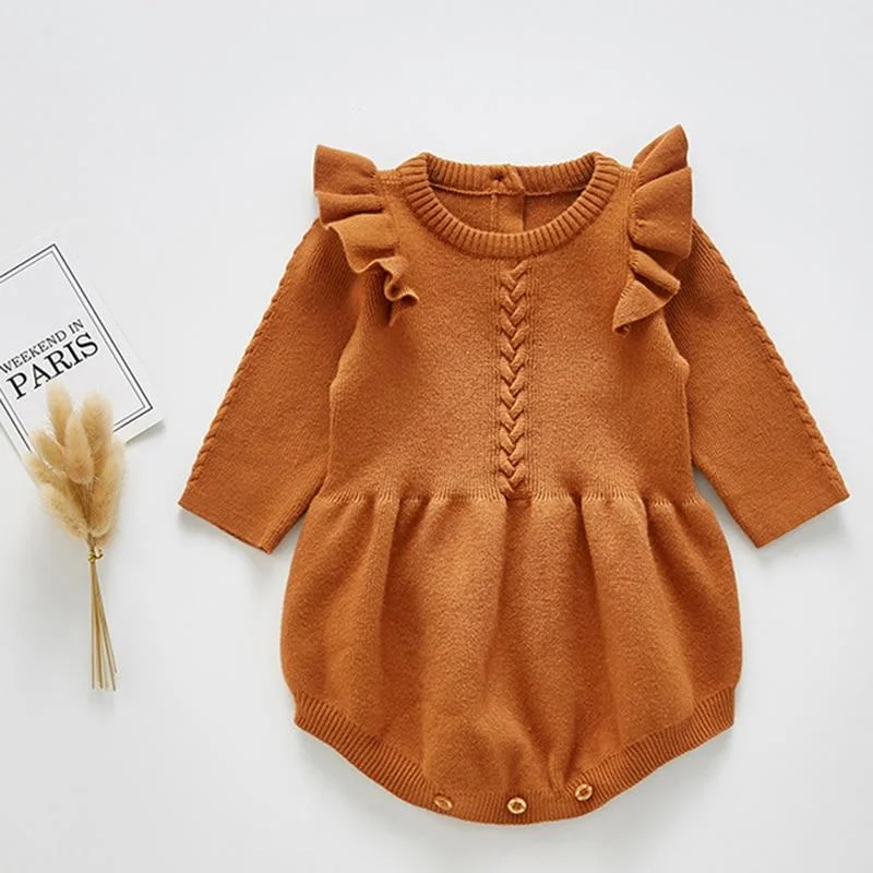 Baby Girls Knitted Bodysuit 2021 Spring Infant Newborn Long Sleeve Solid Ruffled Jumpsuit Outfit Set Baby Spring Autumn Clothing