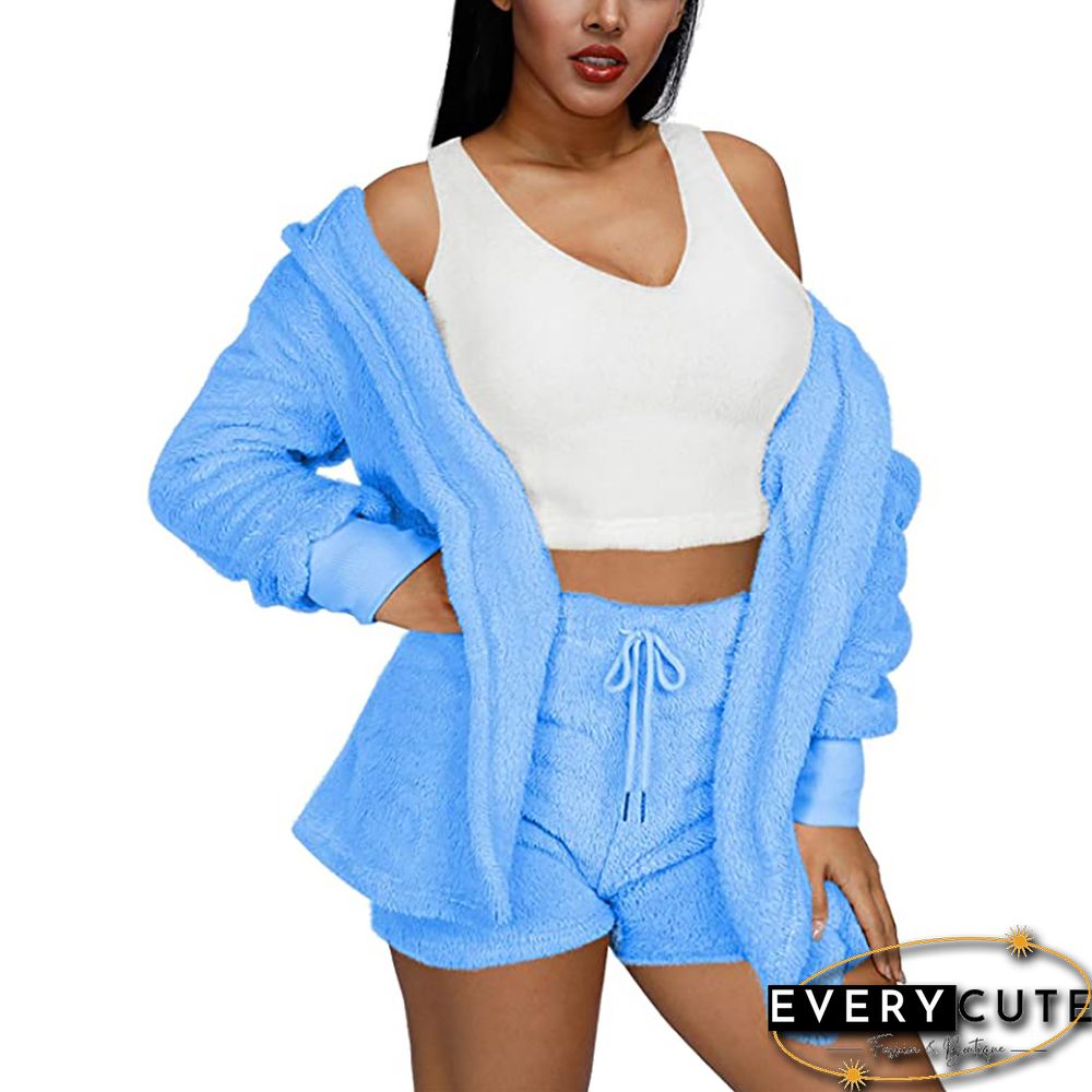 Light Blue Plush Hoodie with Shorts and White Vest 3pcs Set