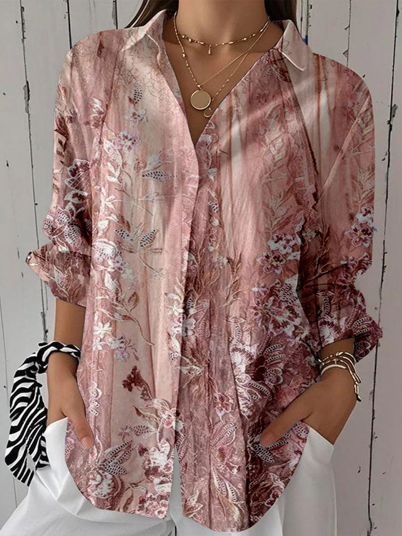 Women 3/4 Sleeve Shirt Collar Floral Printed Graphic Button Tops