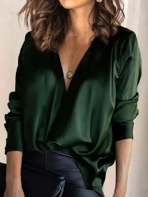 Image of Solid Color V-Neck Long Sleeves Blouse Shirt Top