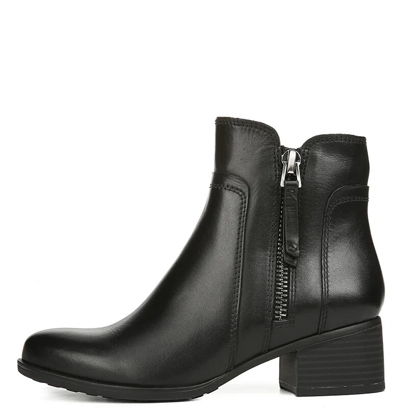 TAAFO Black Med Chunky Heels Ankle Boots Woman Round Toe Zipper Booties Ladies Shoes