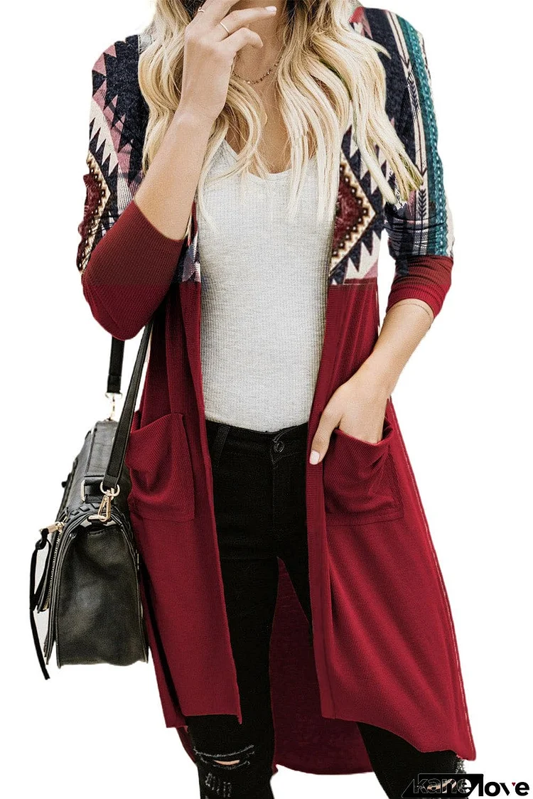 Tribal Printed Open Front Long Cardigan