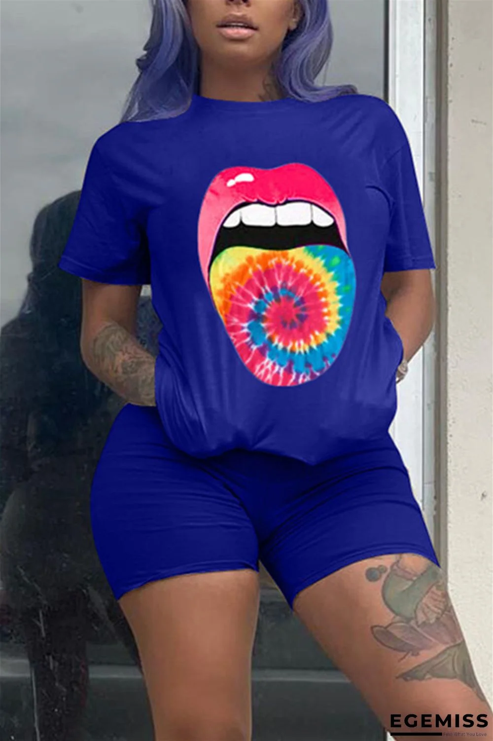 Blue Fashion Casual Printed T-shirt Shorts Set | EGEMISS