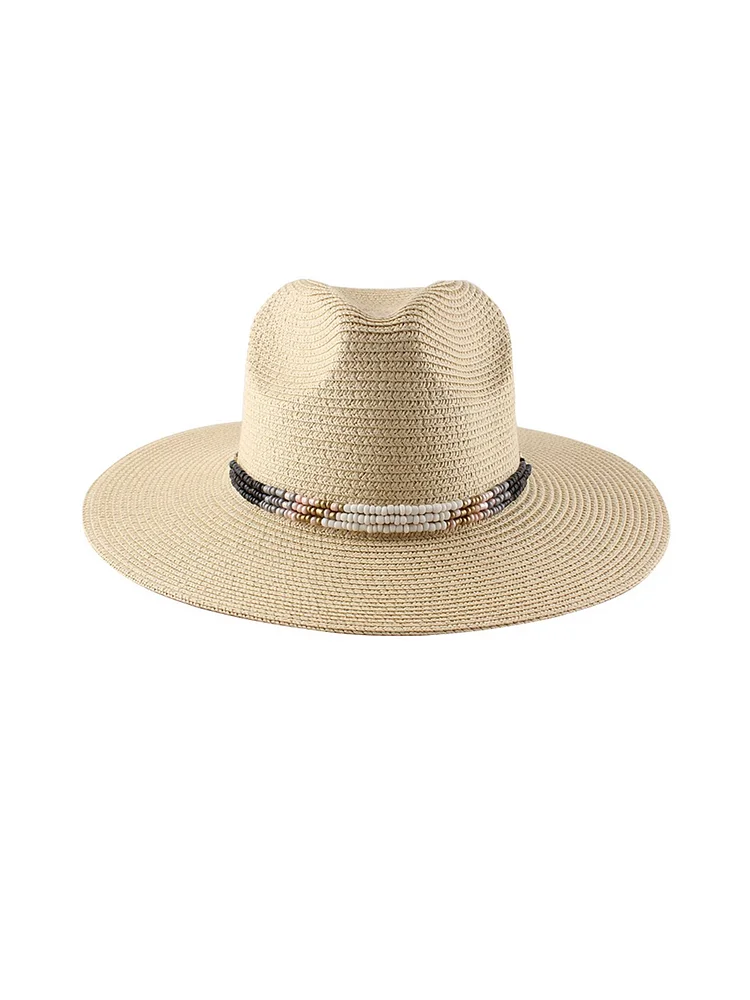 Beach Resort Wind Sun Protection Woven Ethnic Beaded Straw Hat