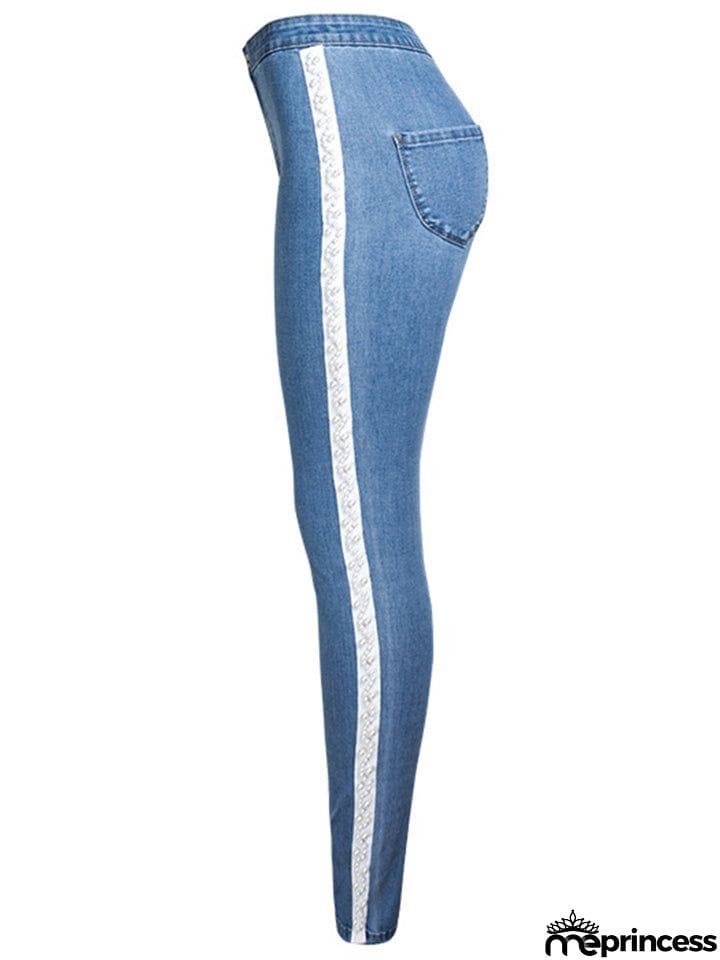 Spring Autumn Pretty White Pearl Woven Tape Thin Denim Jeans for Women