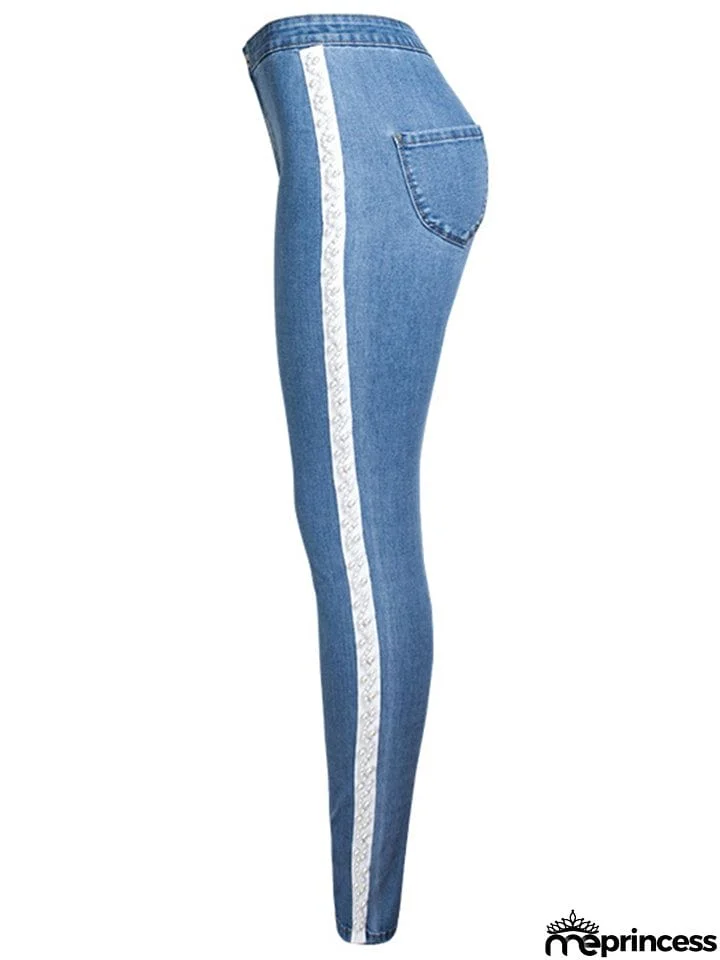 Spring Autumn Pretty White Pearl Woven Tape Thin Denim Jeans for Women