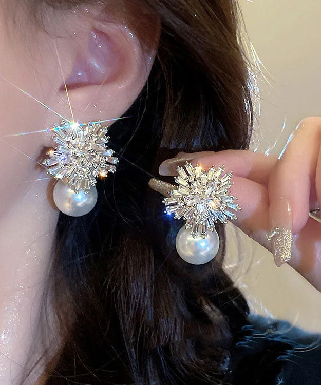 Stylish White Alloy Pearl Zircon Floral Stud Earrings
