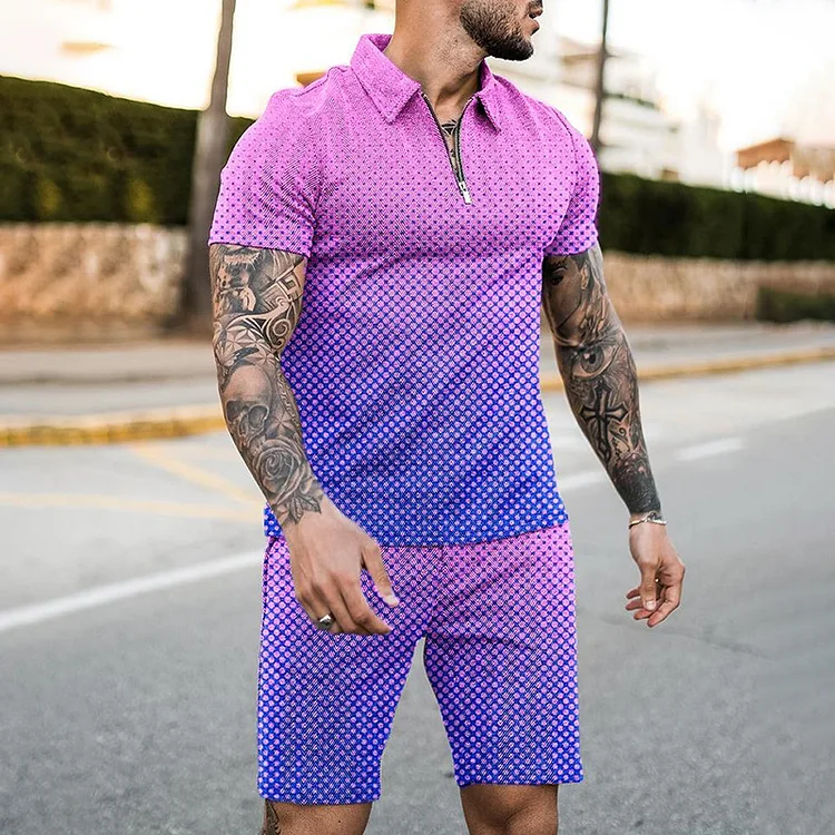 BrosWear Gradient Polka Dots Print Polo Shirt And Shorts Co-Ord