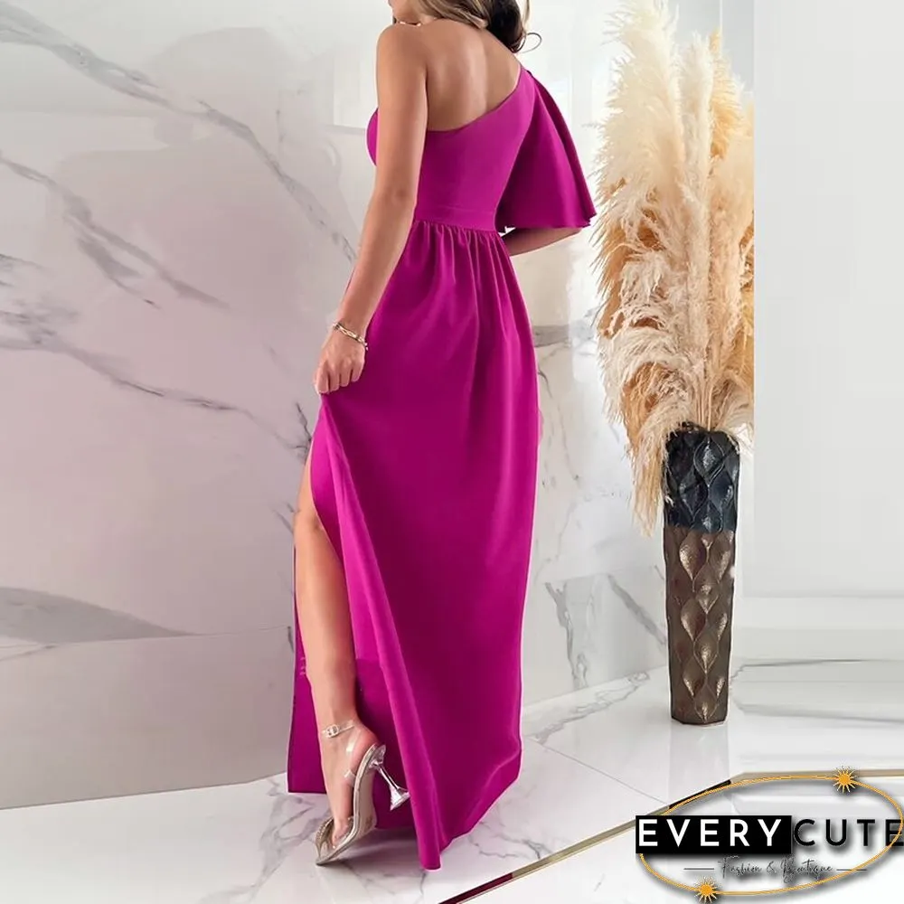 Elegant Diagonal Collar Open Back Slit Party Dress Women Fashion One Shoulder Shorts Long