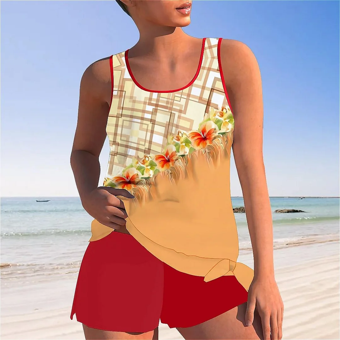 Bowknot Yellow,Plaid,Floral Mid Waisted Tankini Set - Plus Size Available