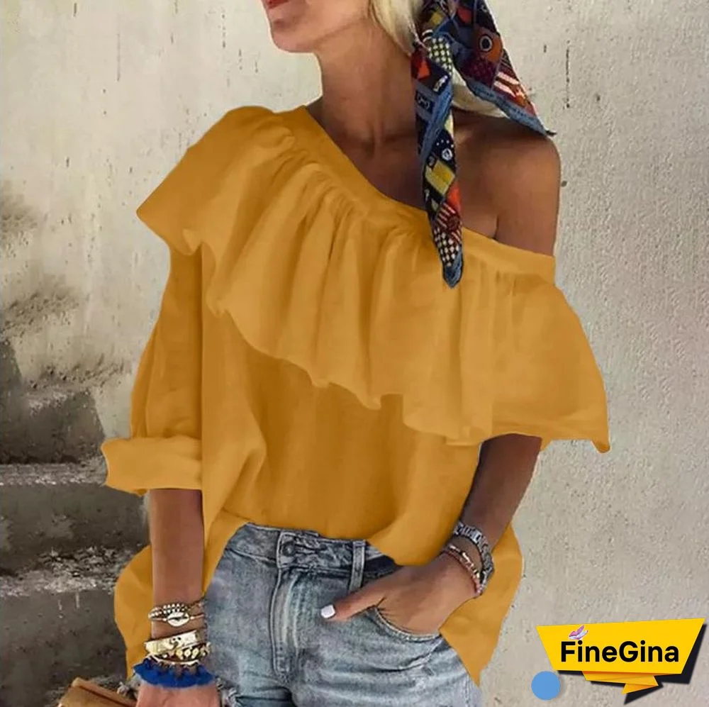 One Shoulder Ruffle Layer Half Sleeve Solid Blouse