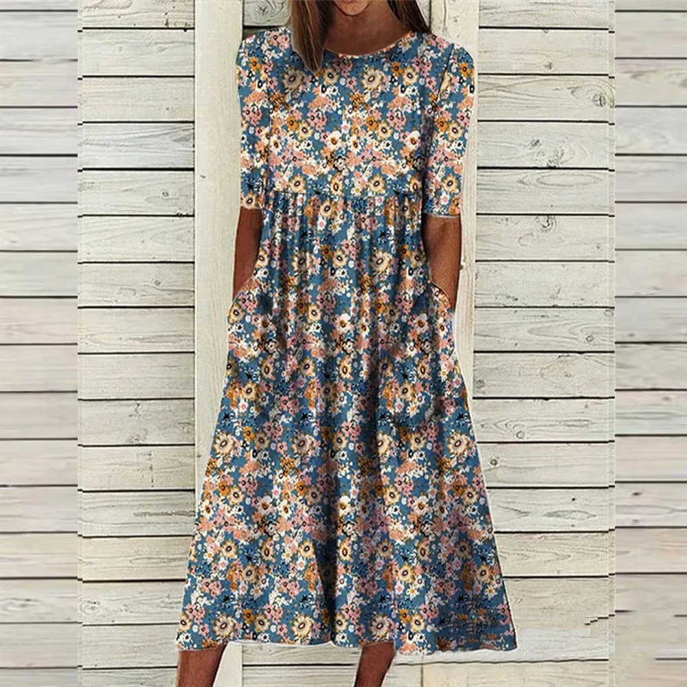 Brownm Printed Woman Loose Pockets Long Dresses
