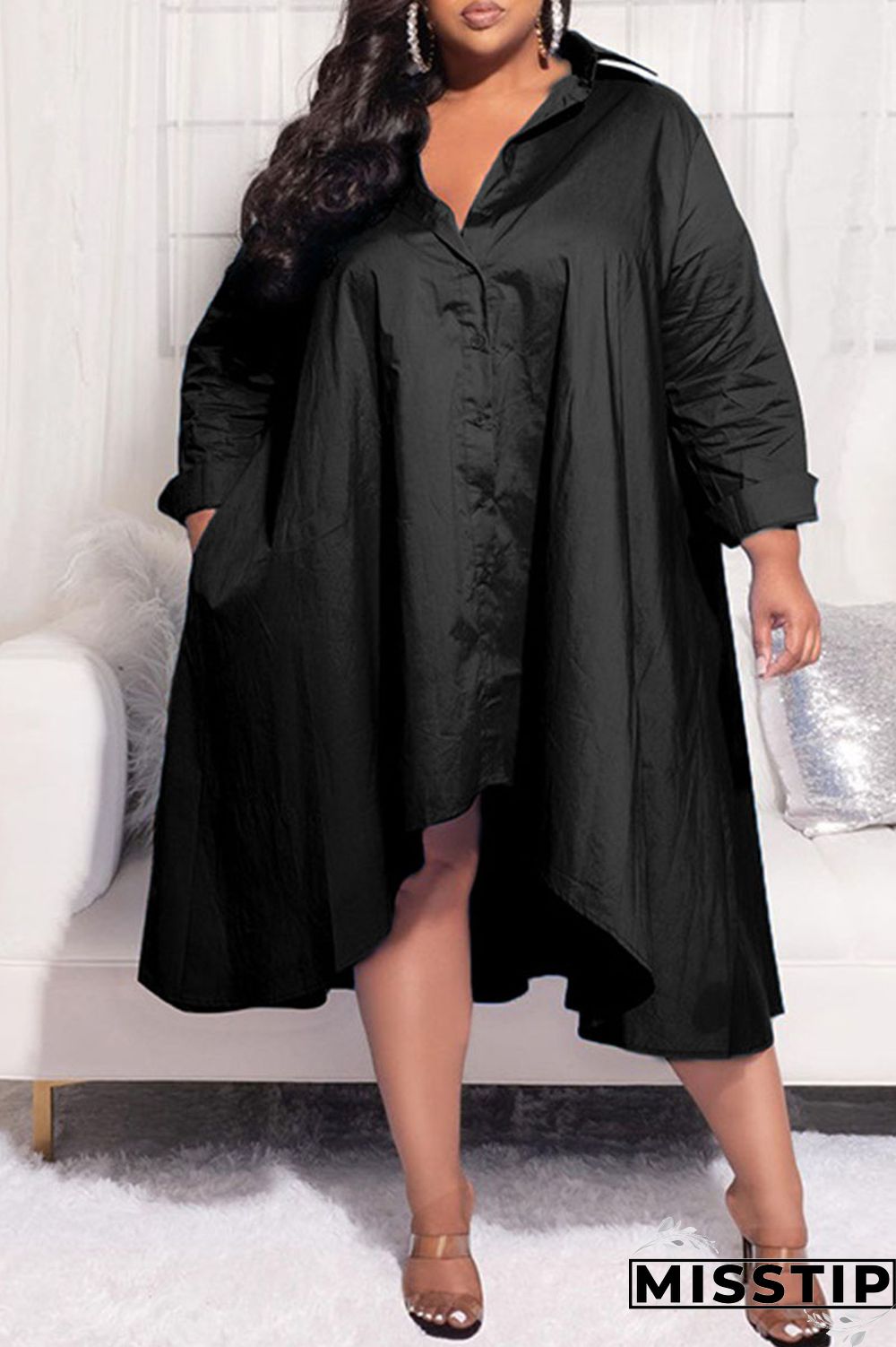 Purple Casual Solid Patchwork Buckle Asymmetrical Turndown Collar Shirt Dress Plus Size
