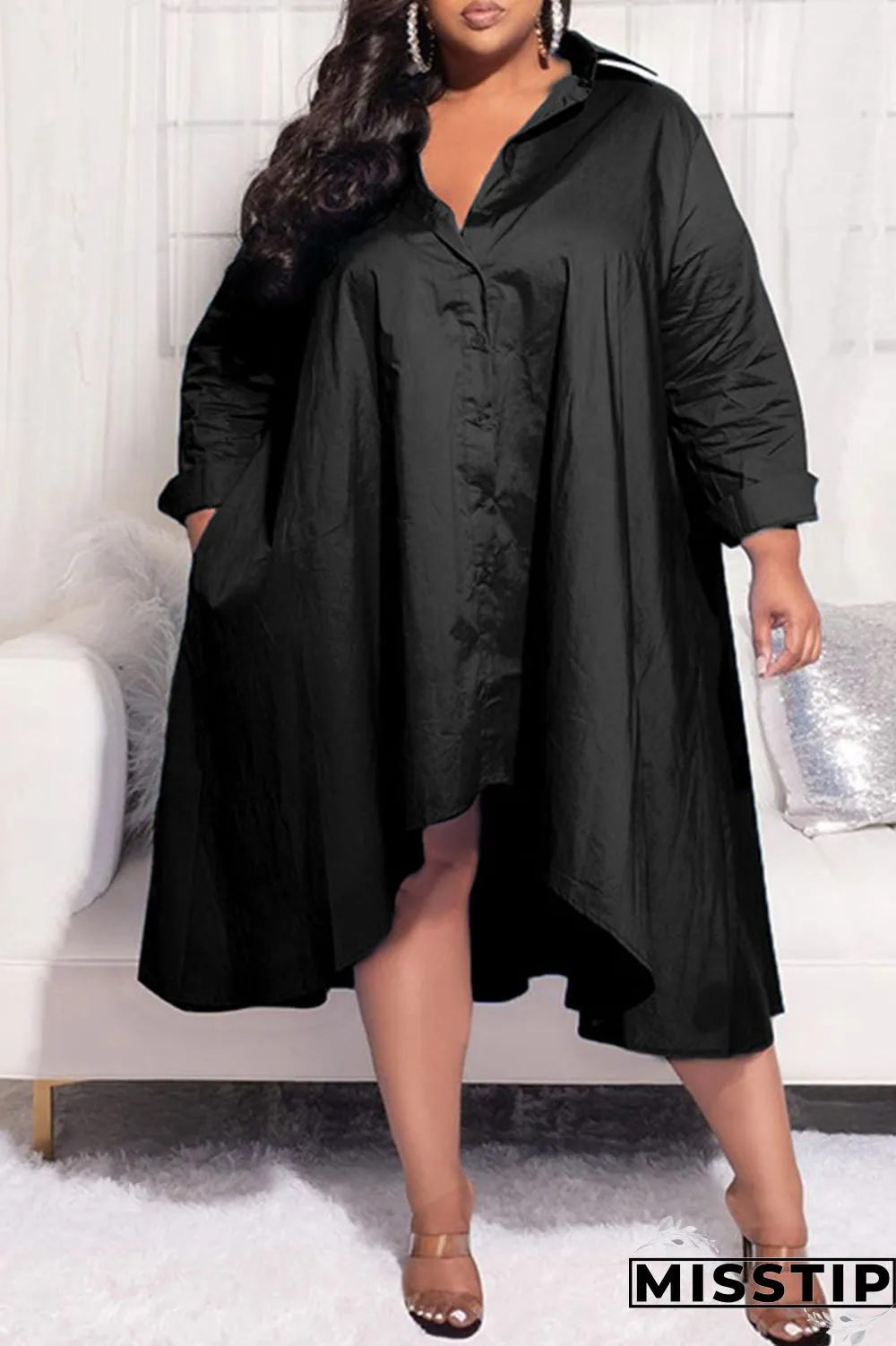 Purple Casual Solid Patchwork Buckle Asymmetrical Turndown Collar Shirt Dress Plus Size