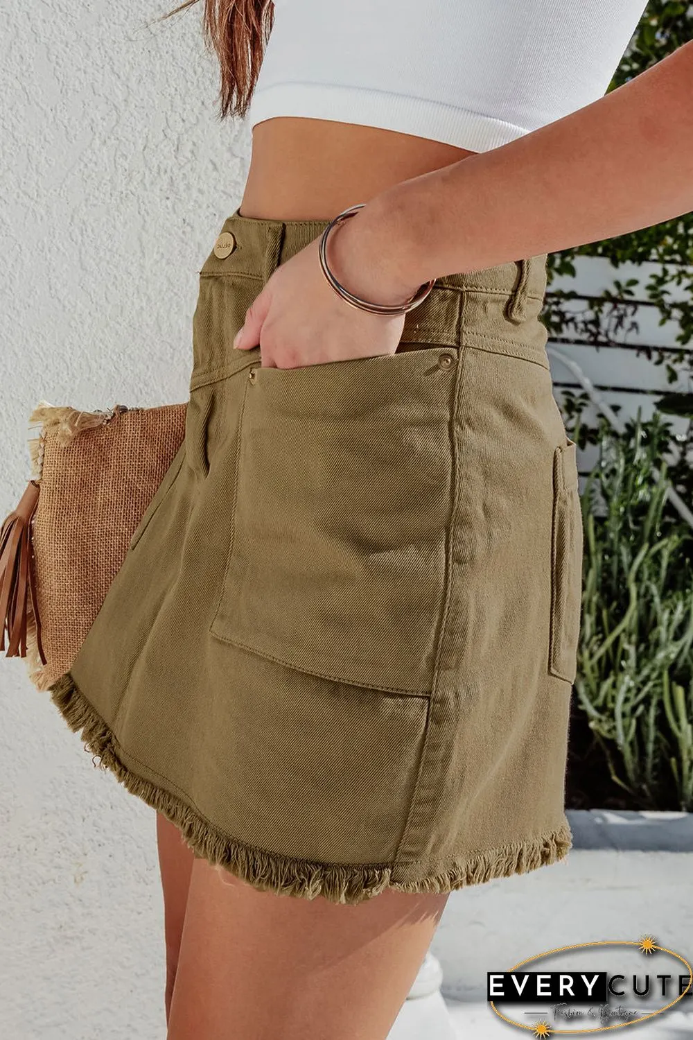 Brown High Waist Pocketed Frayed Hem Mini Denim Skirt