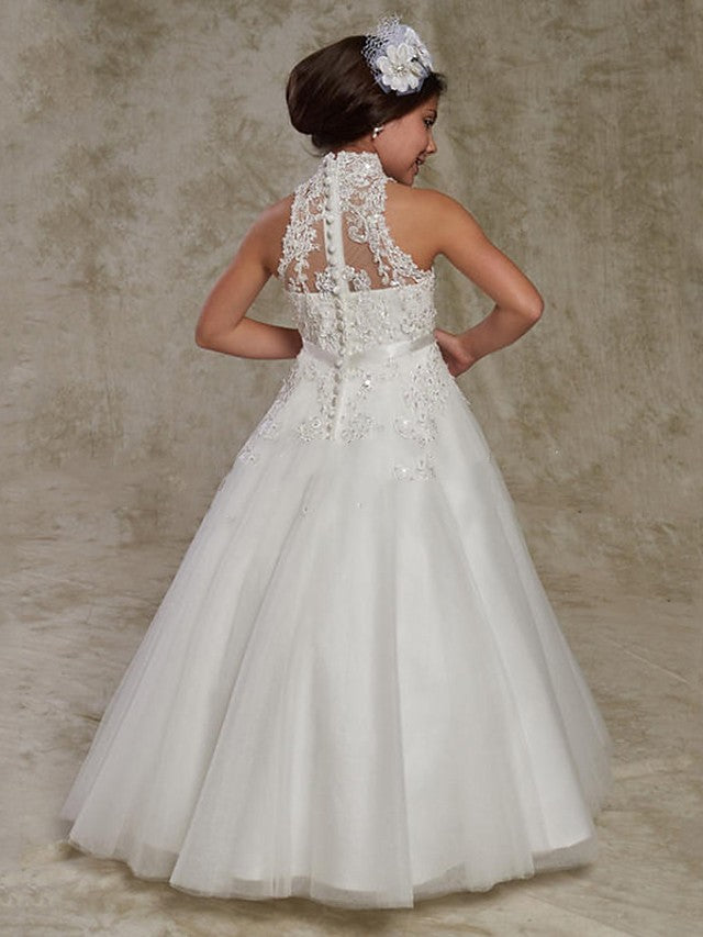 Daisda Ball Gown Sleeveless High Neck Flower Girl Dresses Lace With