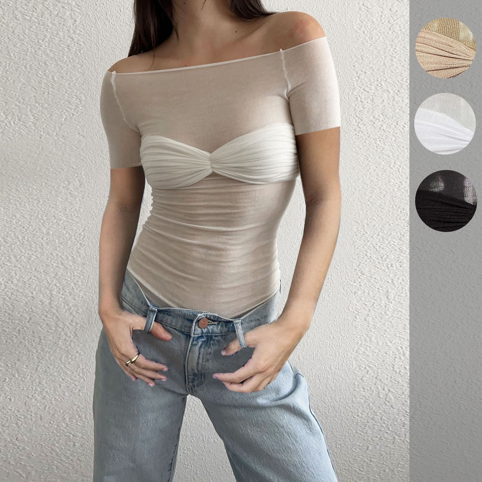 Ootddress Short Sleeve Mesh Top Shirt For Women Off-Shoulder See-Through Knit Sexy Pullover Summer Sheer New 2025 Ladies T-shirt