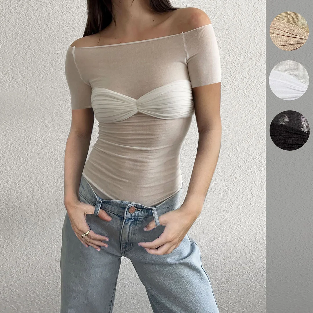 Uveng Spring And Summer Explosion Women's Dress A Word Collar Perspective Short-Sleeved T-Shirt Top