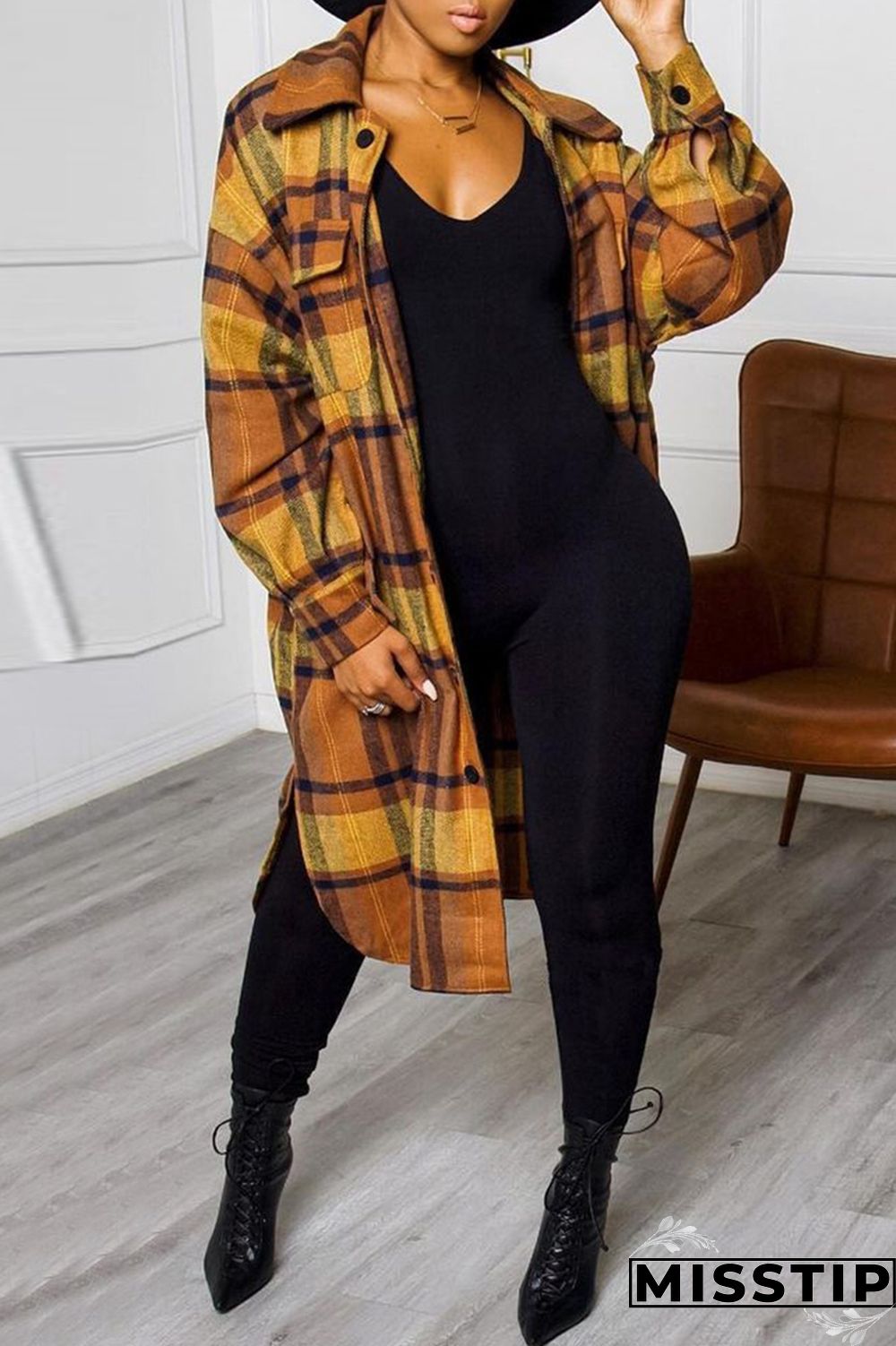 Yellow Fashion Casual Plaid Print Cardigan Turndown Collar Outerwear