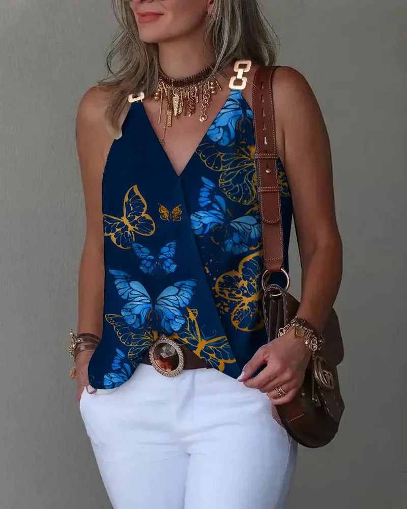 Oocharger Sleeveless Tank Blouse Fashion Print shirt 2024 Summer Halter Sleeveless Loose Tops Female