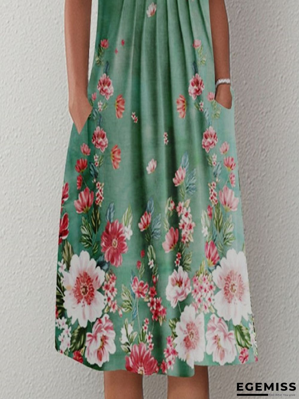 Casual Green Printed Flower V-neck Dress | EGEMISS