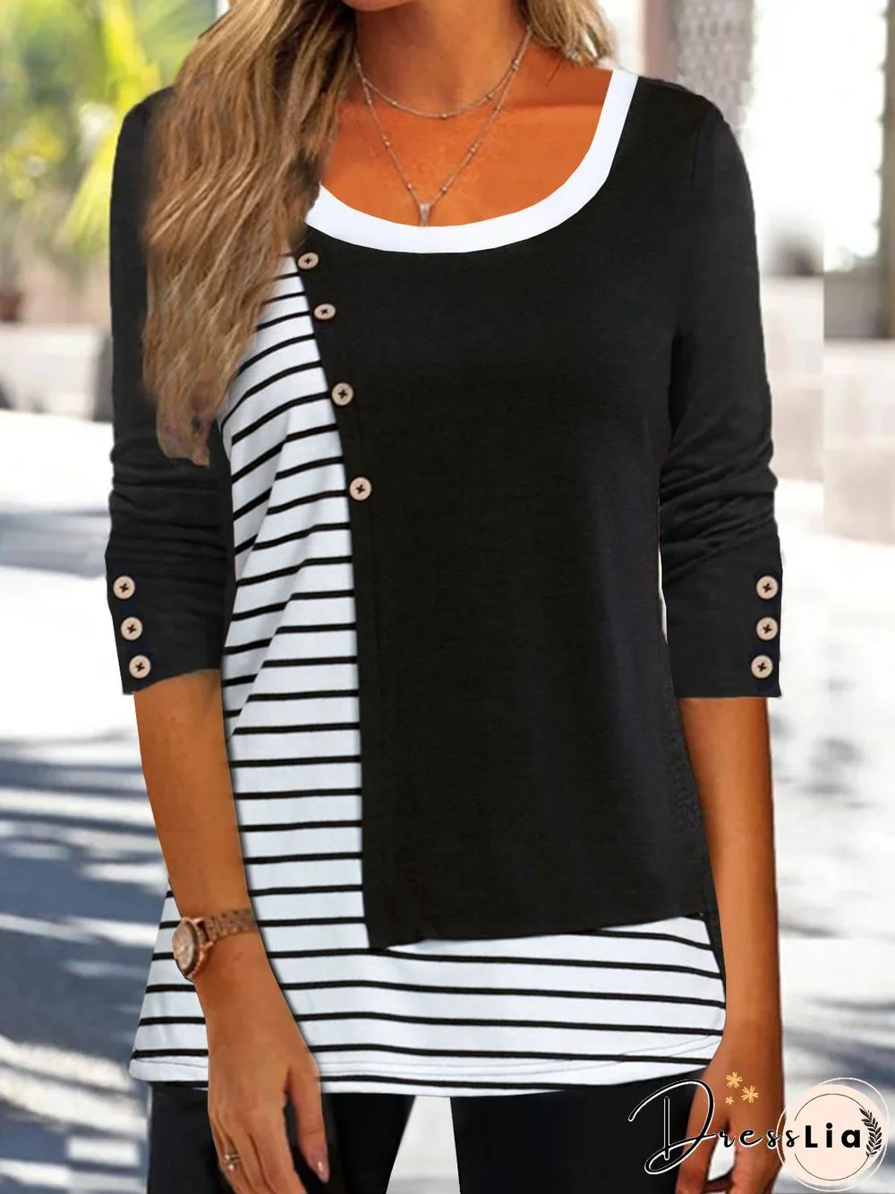 Striped Printed Color-block Jersey Casual Plus Size Tops