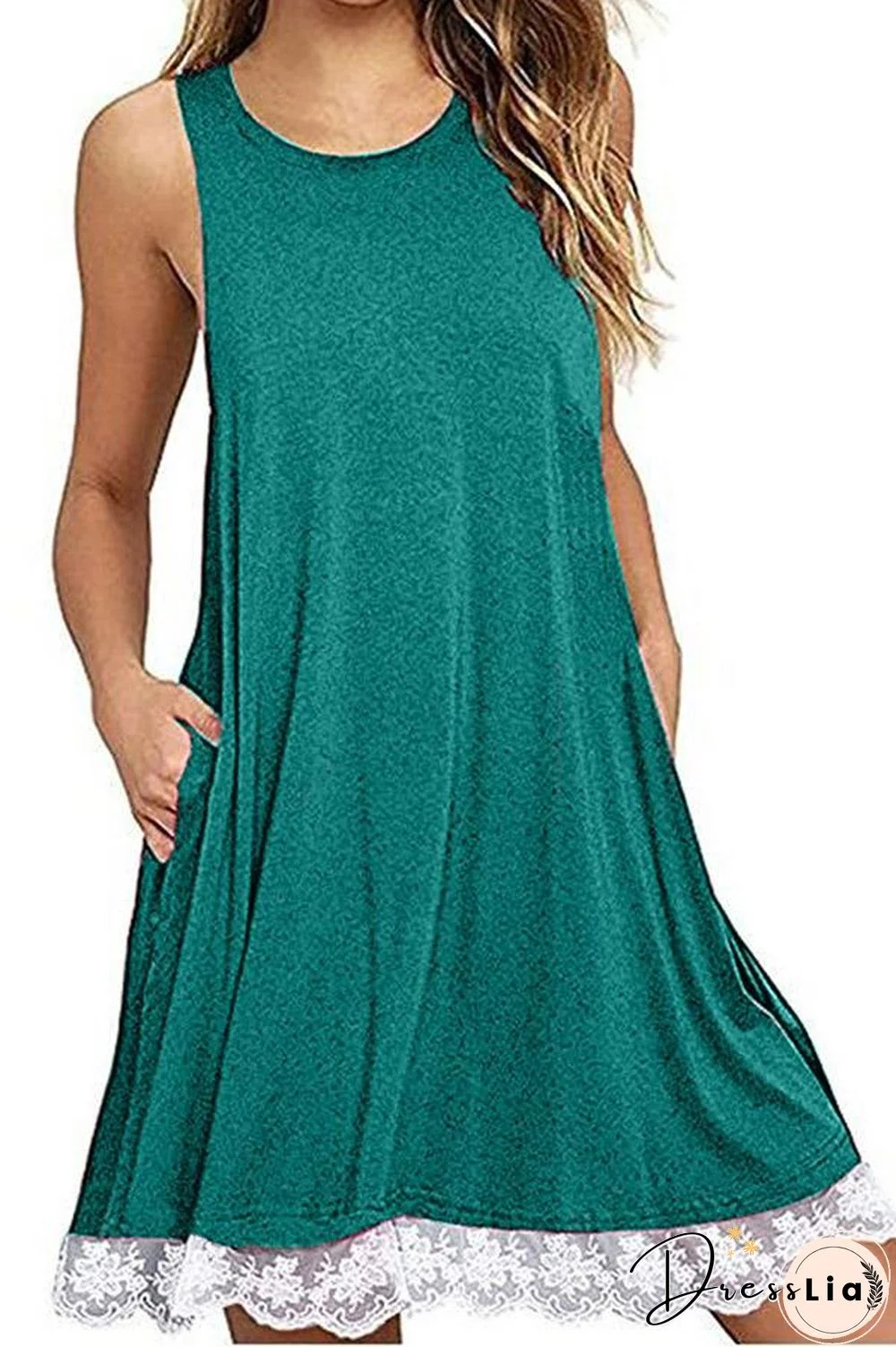 Solid Color Sleeveless Lace Dress