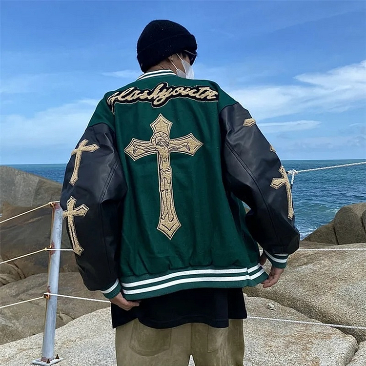 Cross Hip Hop Loose Men's Embroidery Panel Baseball Varsity Jackes at Hiphopee