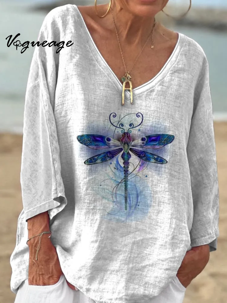 Simple Casual Dragonfly 3/4 Sleeves Printed Cotton And Linen Shirt