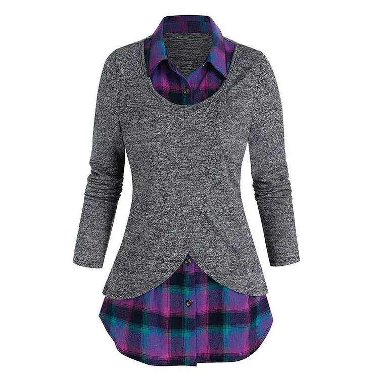 Women's Top Knitted Plaid Stitching Long Sleeves