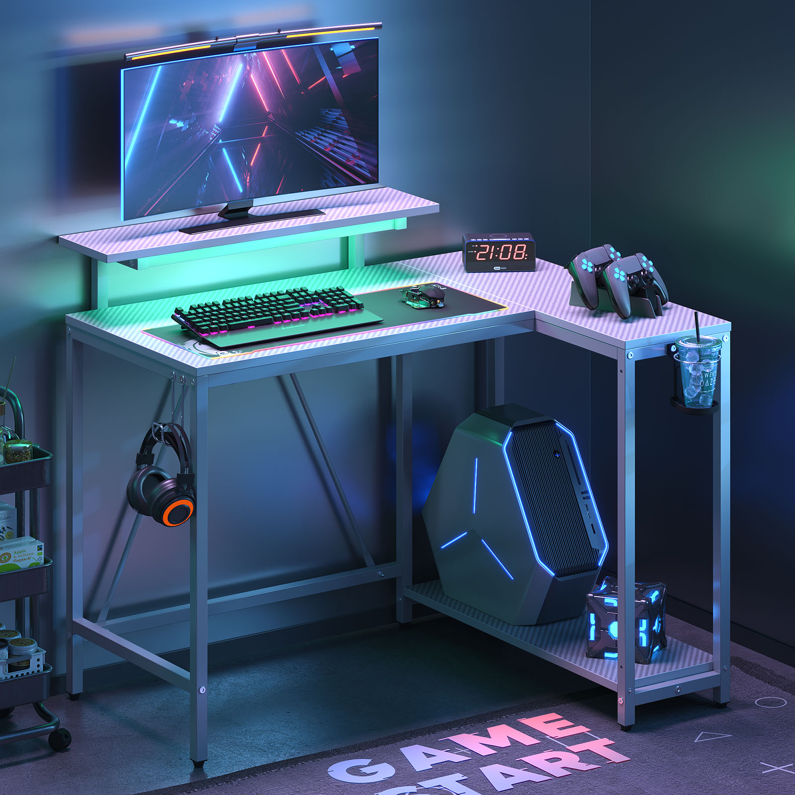 Pinmoco 42 inch L-Shaped Gaming Desk with LED Light Monitor Stand Headphone Hook & Storage Shelves Reversible Office Desk, Gray Carbon Fiber - Thumbnail 5