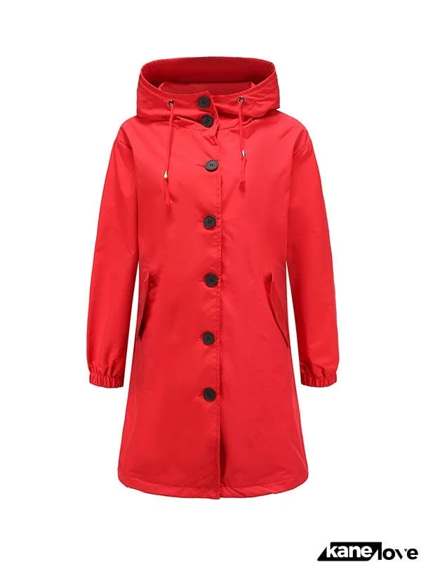 Long Sleeves Loose Buttoned Drawstring Elasticity Hooded Pockets Split-Back Waterproof High-Neck Trench Coats
