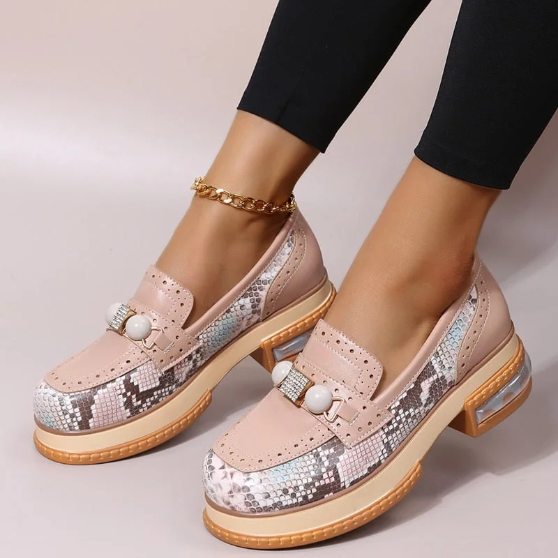 Luxury Pearl Mary Jane Women Shoes Thick Platform Snakeskin Pumps 2022 Spring Chunky Women Sandals New Snake Print Heels Shoes