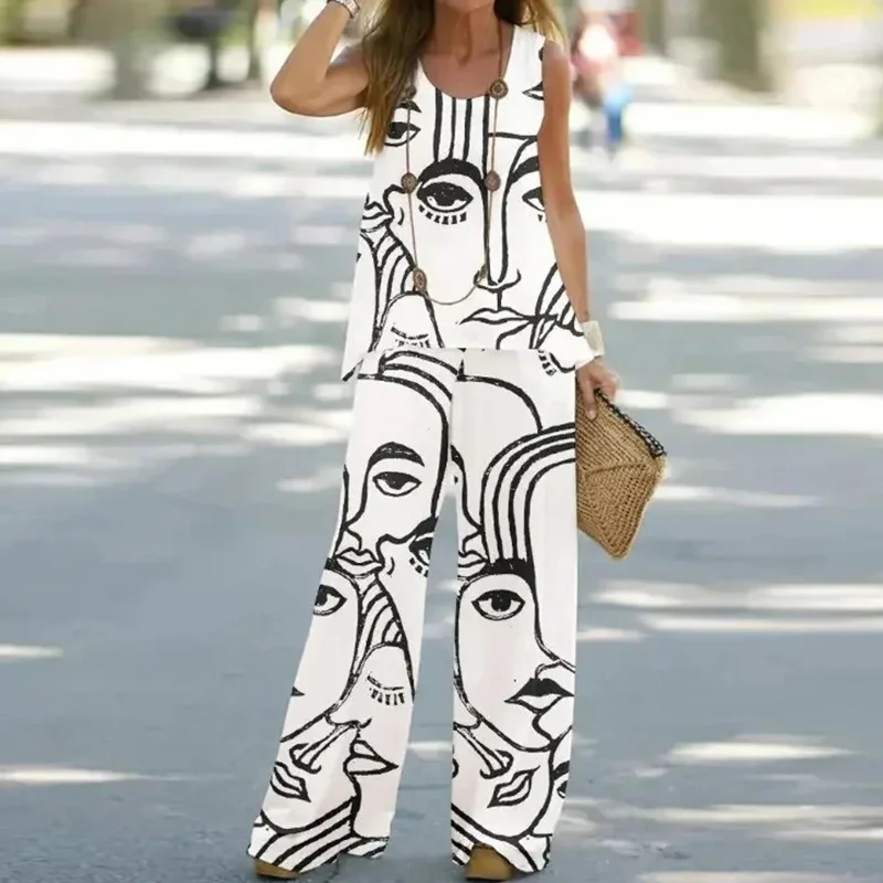 Women's Face Printed Casual Sleeveless T-shirt And Pants Two-piece Set